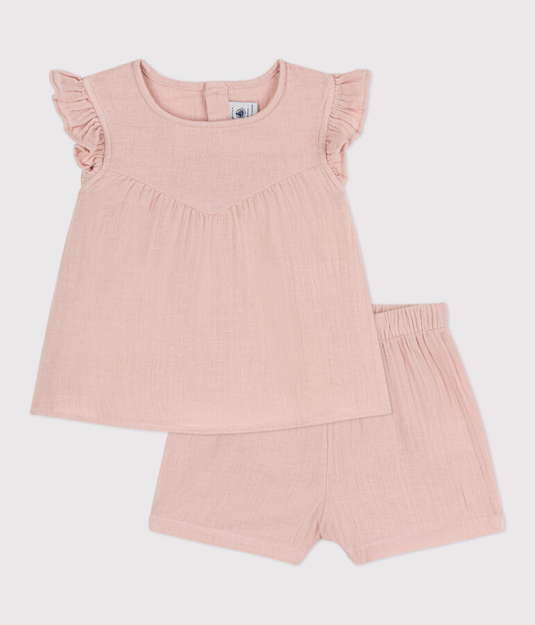 Babies' Plain Cotton Gauze Outfit Set pink