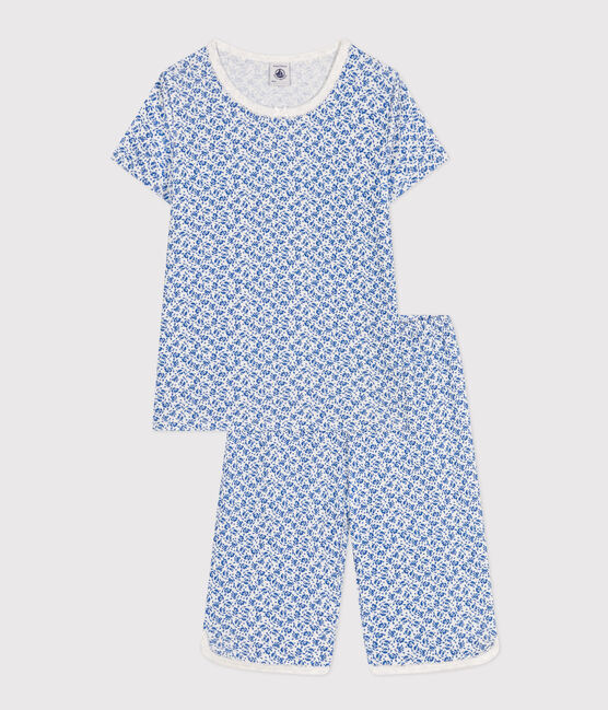 Children's Floral Print Cotton Capri Pyjamas MARSHMALLOW blue/INCOGNITO