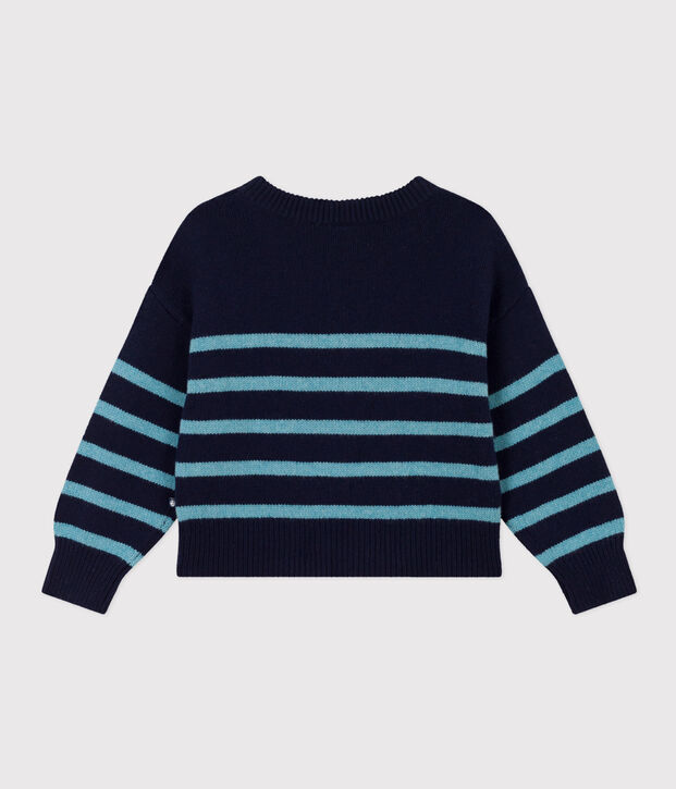 Children's unisex stripy wool and cotton pullover blue/blue
