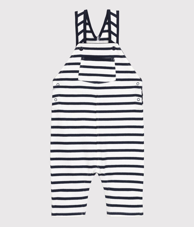 Babies' Stripy Thick Jersey Breton Dungarees white/blue