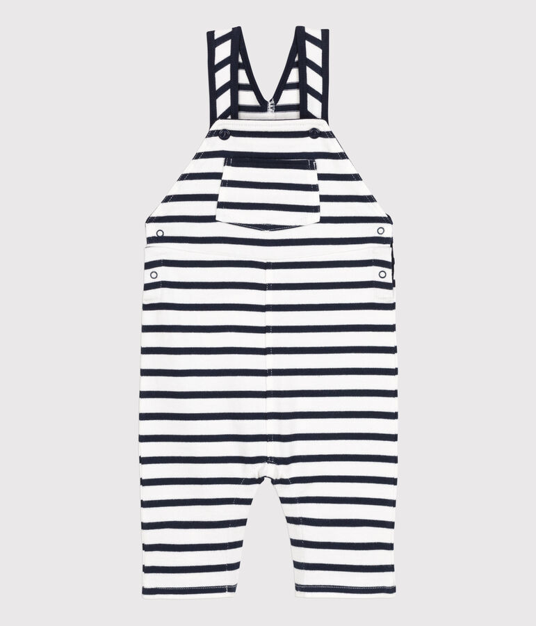 Babies' Stripy Thick Jersey Breton Dungarees MARSHMALLOW white/SMOKING blue