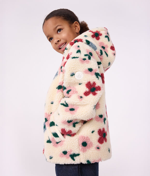 Children's hooded jacket in floral sherpa Ecru/multicolor