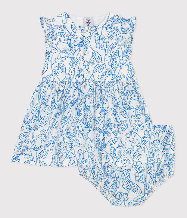 Babies' cotton dress and bloomers with a blue cherry print blue/blue