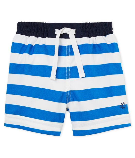 Baby boys' striped beach shorts RIYADH blue/MARSHMALLOW white
