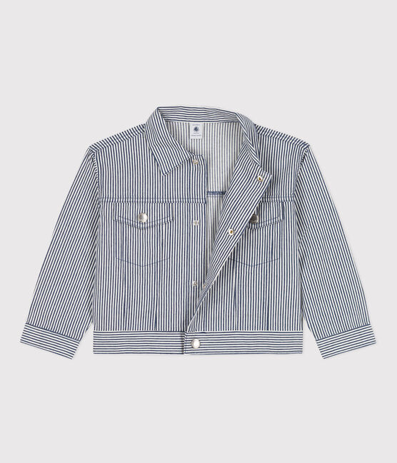Girls' Stripy Cotton Jacket MEDIEVAL blue/MARSHMALLOW white