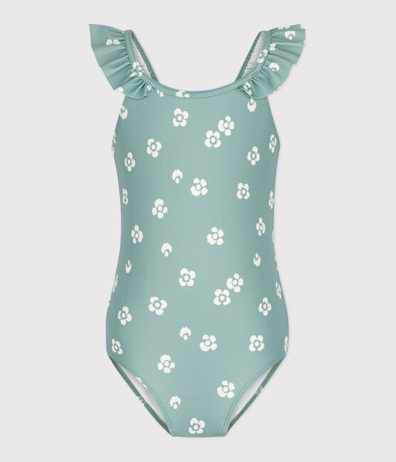 Children's one-piece floral swimsuit PAUL blue/MARSHMALLOW white