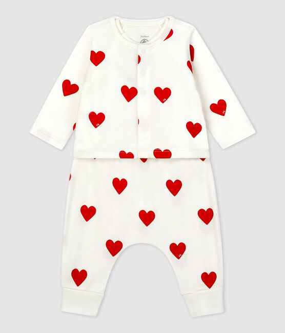 Babies' Organic Cotton Heart Print Clothing - 3-Piece Set MARSHMALLOW white/TERKUIT red