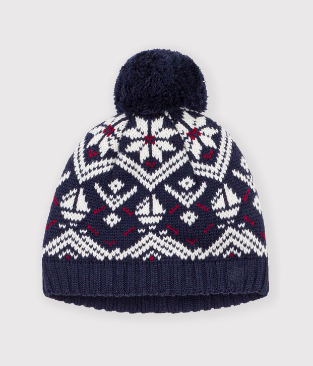 Babies' wool and cotton jacquard beanie with a fleece lining blue/ecru/red