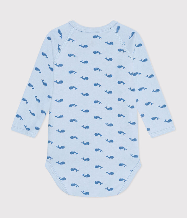 Babies' long-sleeved wrapover cotton bodysuit blue/blue
