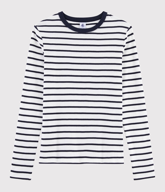 Women's iconic round neck T-shirt MARSHMALLOW white/SMOKING blue