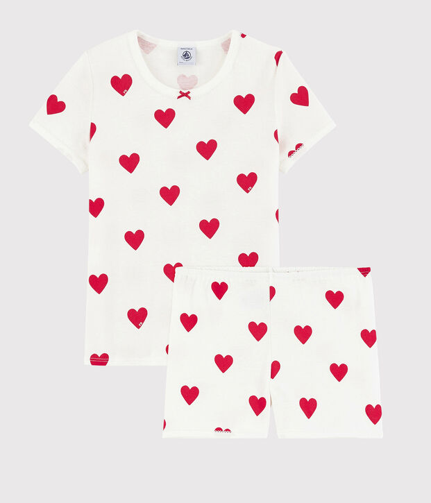 Girls' Heart Patterned Cotton Short Pyjamas white/red