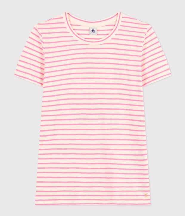 Women's Straight Round-Neck Cotton T-Shirt Ecru/pink