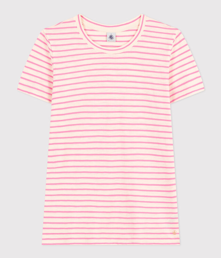 Women's Straight Round-Neck Cotton T-Shirt Ecru/pink