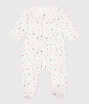 Babies' floral cotton pyjamas with a collar MARSHMALLOW white/MULTICO white
