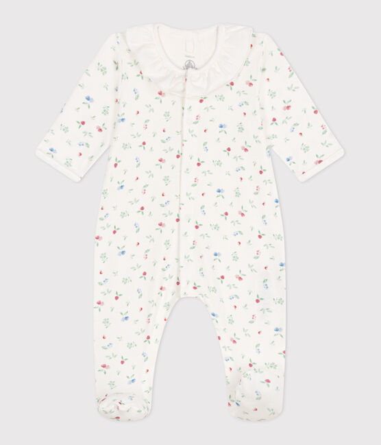 Babies' floral cotton pyjamas with a collar MARSHMALLOW white/MULTICO white
