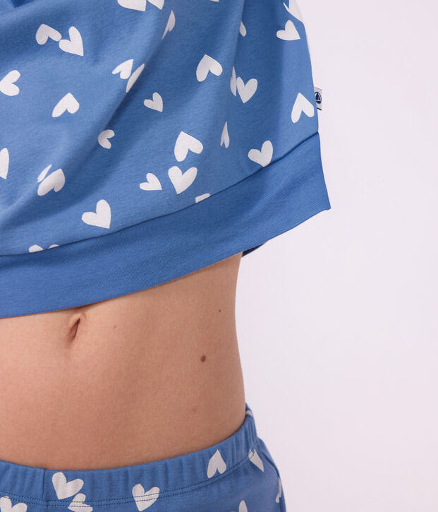 Women's heart print cotton pyjamas blue/white