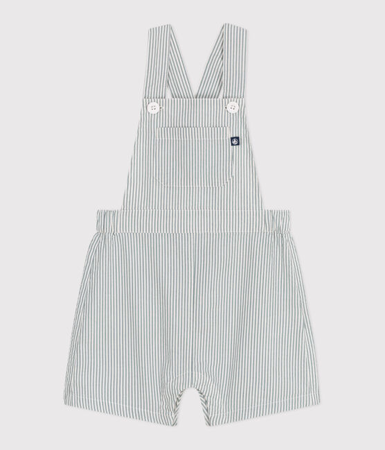 Babies' short-legged stripy cotton dungarees MARSHMALLOW white/BRUT blue