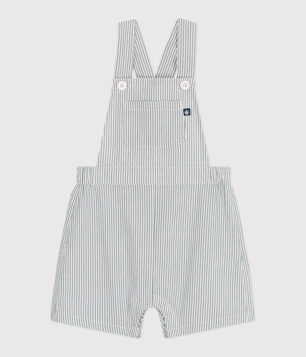 Babies' short-legged stripy cotton dungarees white/green