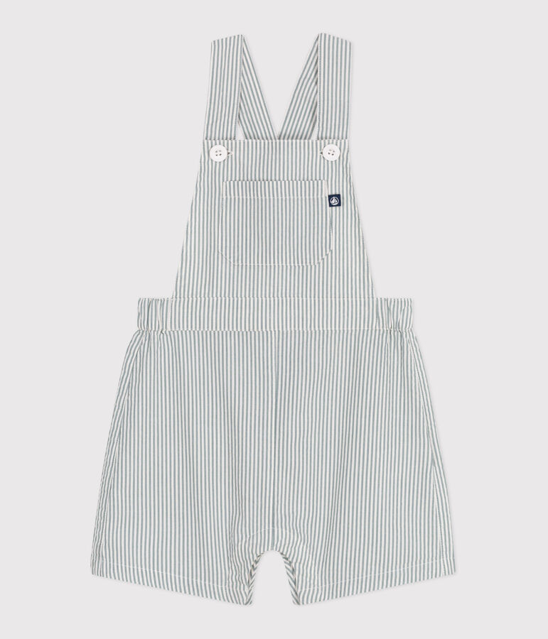 Babies' short-legged stripy cotton dungarees white/green