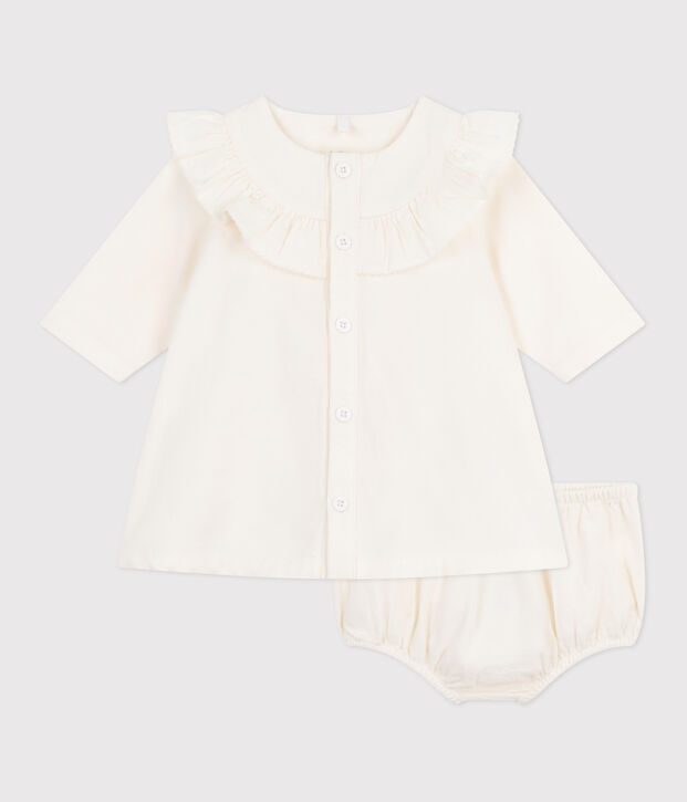 Babies' embroidered corduroy sprecial occasion dress and bloomers MILK