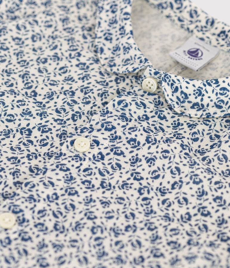 Babies' Short Cotton Gauze Playsuit Ecru/blue