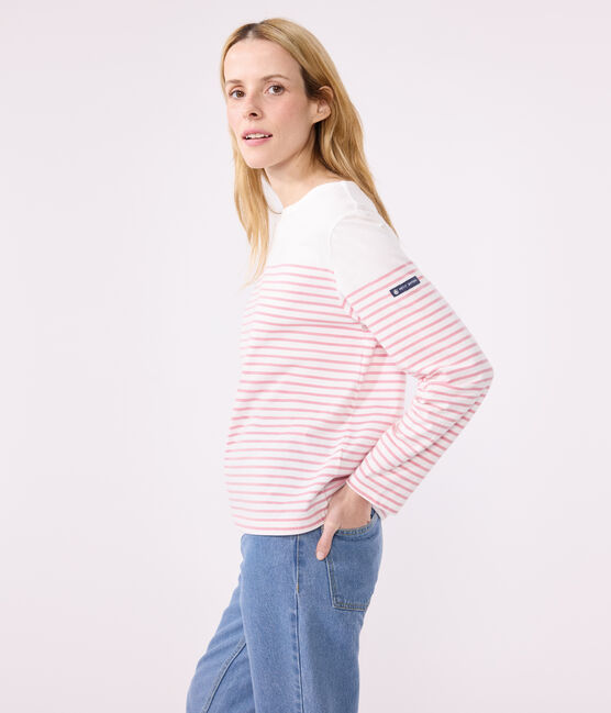 Women's long-sleeved cotton Breton t-shirt MARSHMALLOW white/CHARME pink