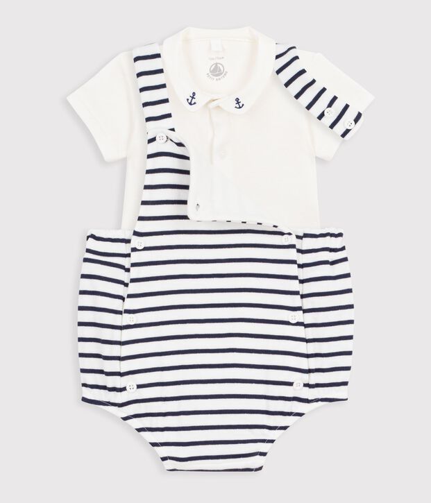 Babies' two-piece set in stripy cotton with embroidered details white/blue
