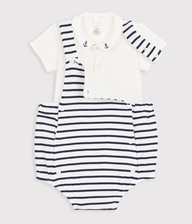 Babies' two-piece set in stripy cotton with embroidered details white/blue