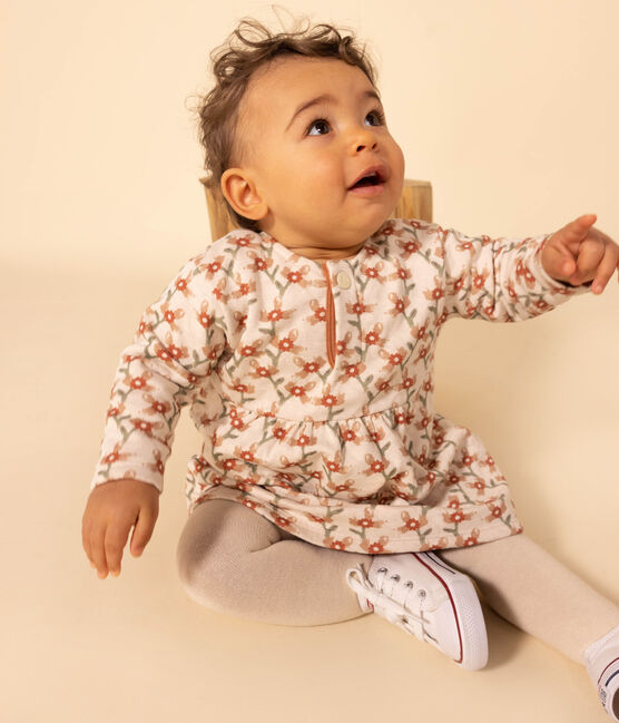 Babies' Long-Sleeved Patterned Quilted Tube Knit Dress AVALANCHE white/MULTICO