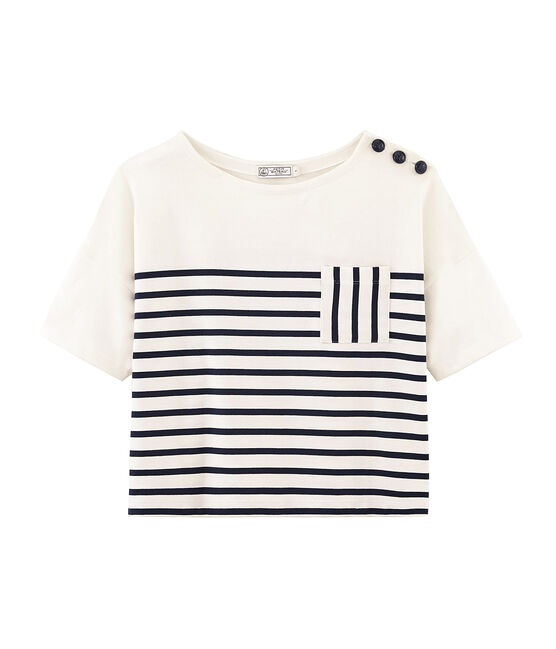Women's short-sleeved stripy breton top MARSHMALLOW white/SMOKING blue