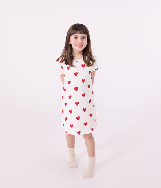Girls' Heart Patterned Cotton Nightdress MARSHMALLOW white/TERKUIT red
