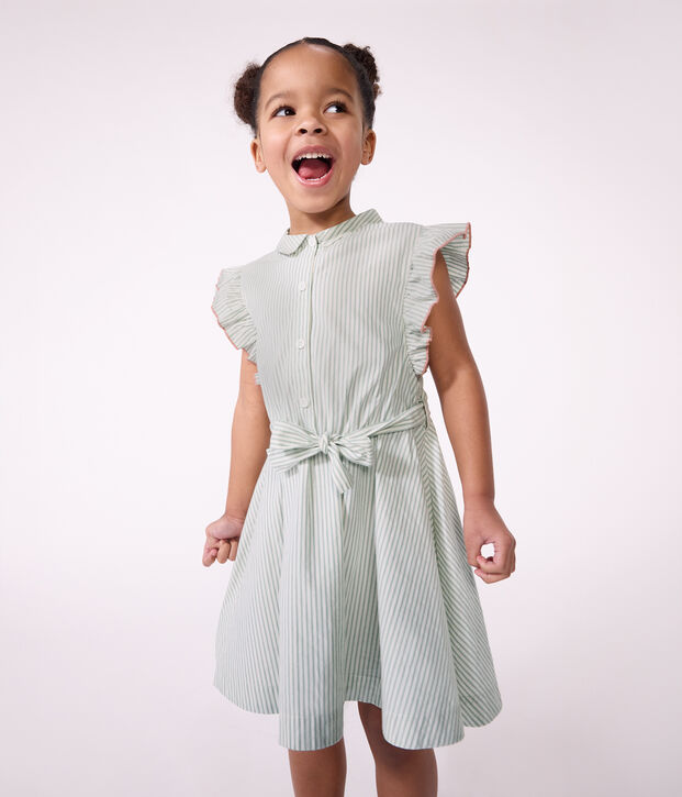 Children's sleeveless stripy cotton dress green/white