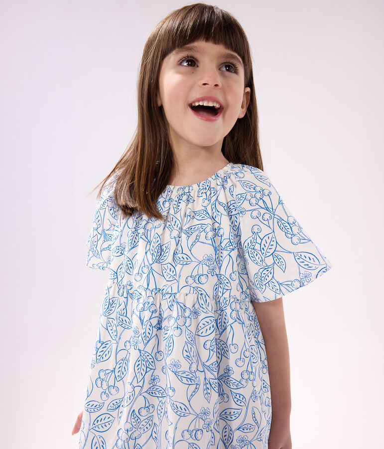Children's dress in printed cotton with short sleeves white/blue