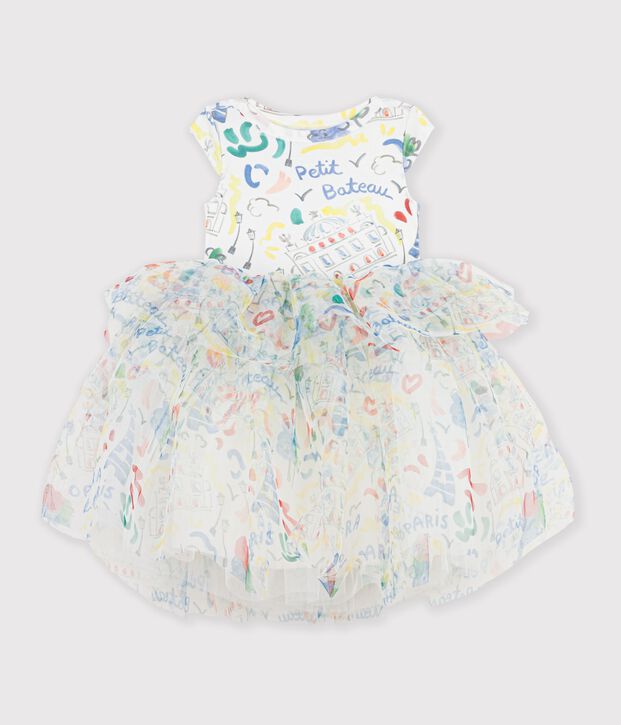 Children's short-sleeved dress in printed cotton and tulle white/multicolor