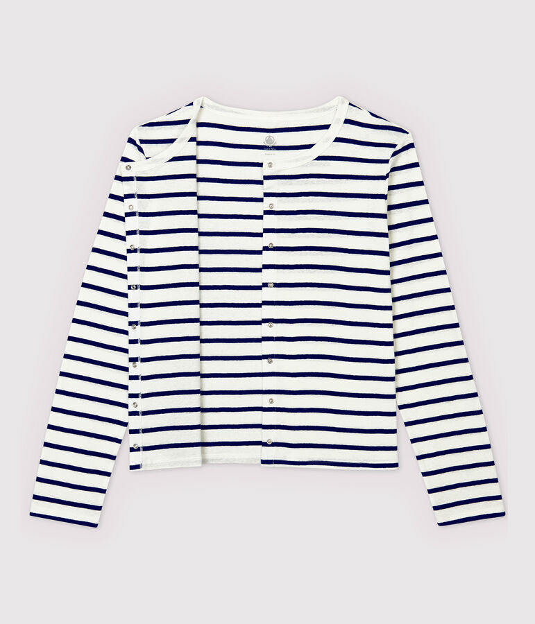 Women's Striped Linen and Cotton Blend Cardigan MARSHMALLOW white/MEDIEVAL blue