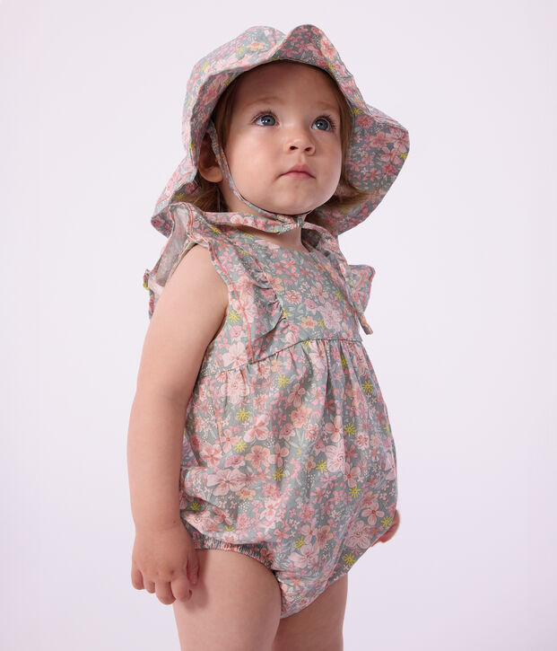 Babies' sleeveless floral print cotton gauze rompers blue/multicolor