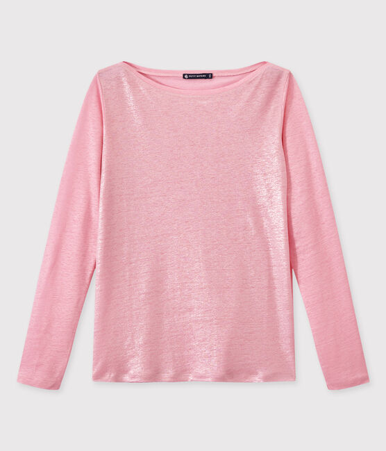 Women's iridescent linen long-sleeve tee BABYLONE pink/ARGENT grey
