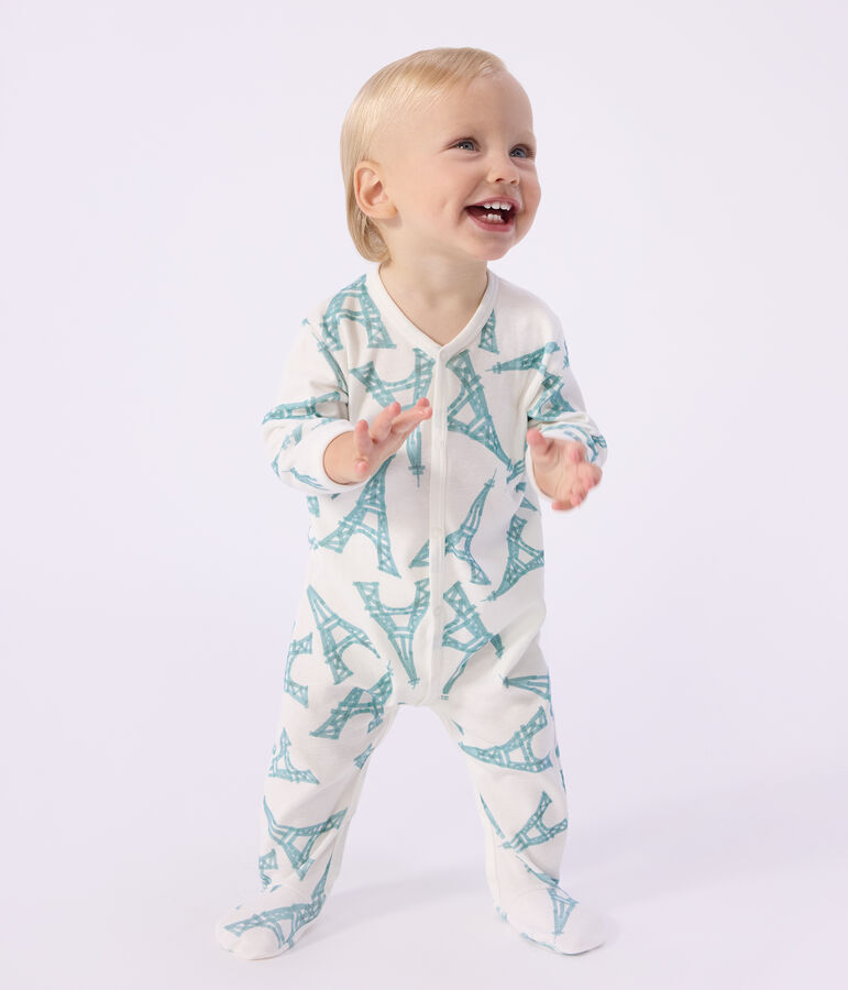 Babies' Eiffel Tower print cotton pyjama suit white/green
