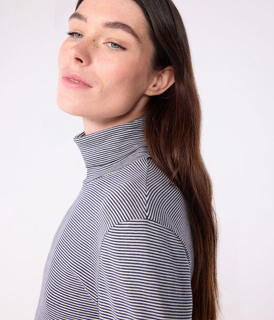 The Iconic cotton polo neck top for women SMOKING blue/MARSHMALLOW white