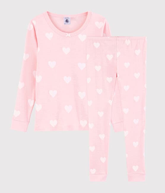 Girls' Snugfit Pink Heart Pattern Organic Cotton Pyjamas MINOIS pink/MARSHMALLOW white