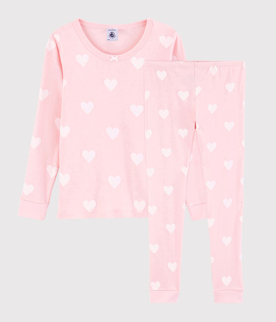 Girls' Snugfit Pink Heart Pattern Organic Cotton Pyjamas MINOIS pink/MARSHMALLOW white