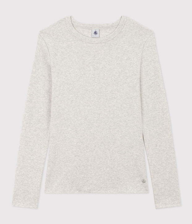 Women's plain rib knit long-sleeved Iconic T-shirt BELUGA CHINE