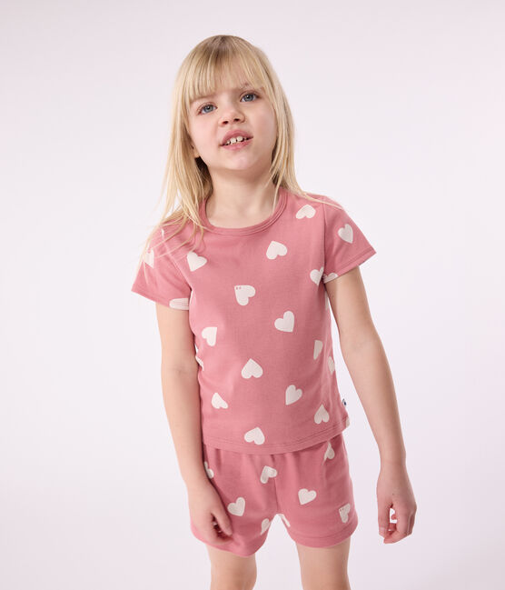 Children's short heart-pattern cotton pyjamas ROSEWOOD pink/MARSHMALLOW