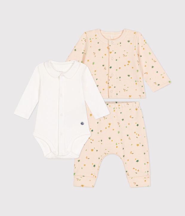 Babies' three-piece outfit made in fleece Ecru/multicolor