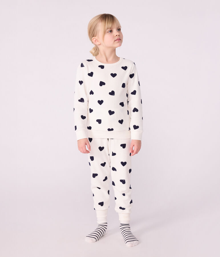 Children's cotton terry pyjamas printed with hearts Ecru/blue