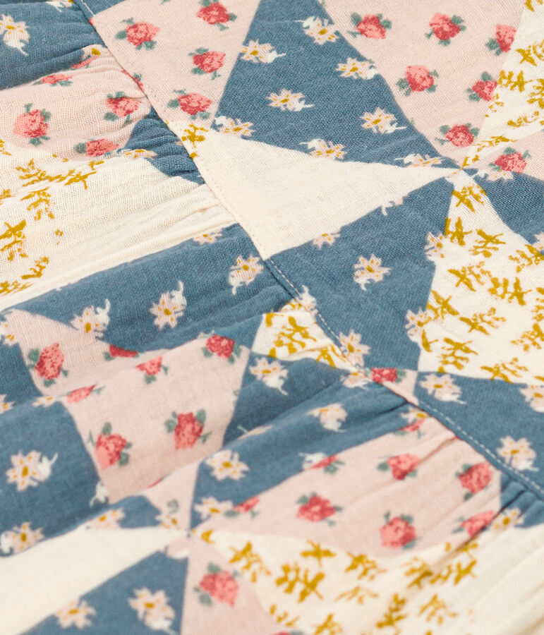 Babies' Short-Sleeved Cotton Gauze Patterned Dress Ecru/multicolor