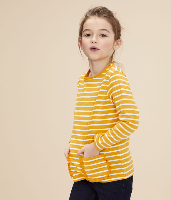 Girls' striped T-shirt BOUDOR yellow/MARSHMALLOW white
