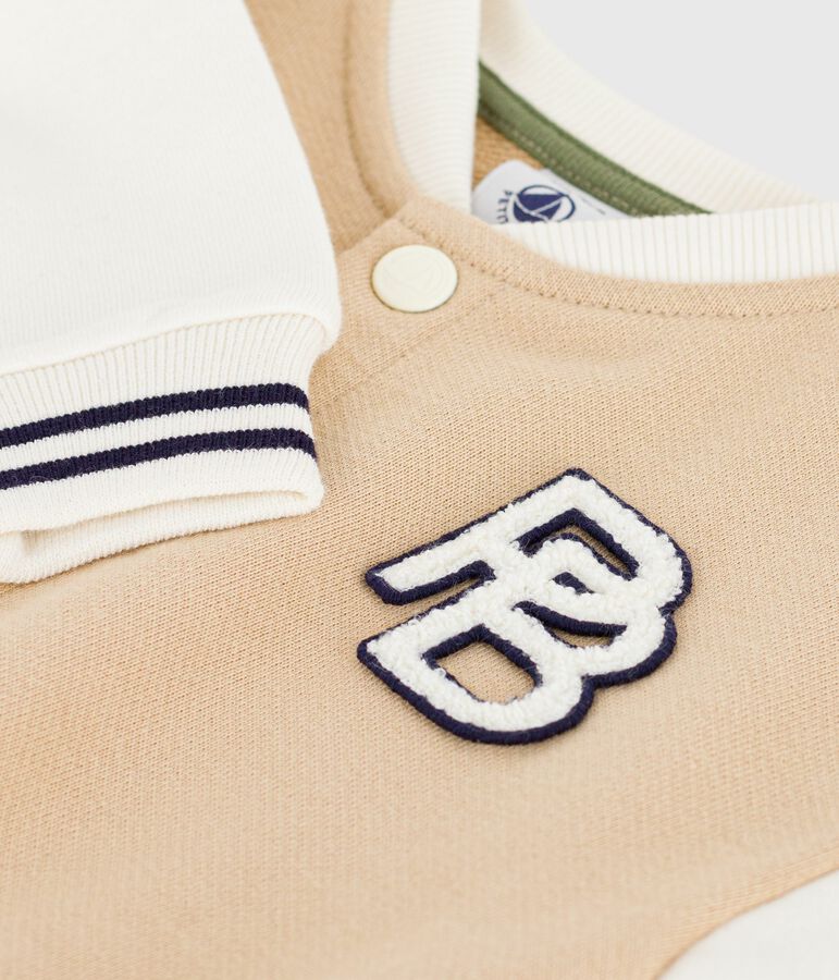 Babies' varsity-style jacket in colourblock cotton with a badge beige/ecru