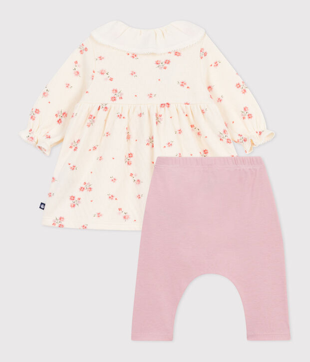 Babies' floral print dress with a collar and leggings in cotton Ecru/multicolor