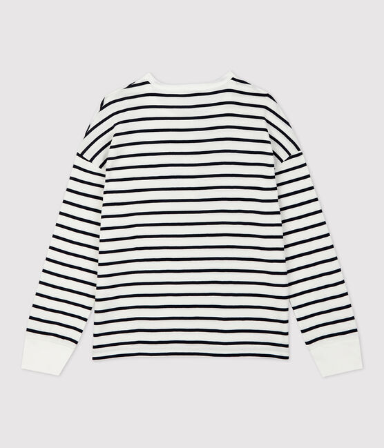 Women's Breton Stripe Cotton T-Shirt with Henley Neck MARSHMALLOW white/SMOKING blue